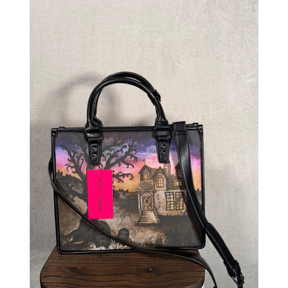Betsey Johnson Haunted House Satchel Crossbody Bag Black Multi Halloween Bat - Picture 3 of 9